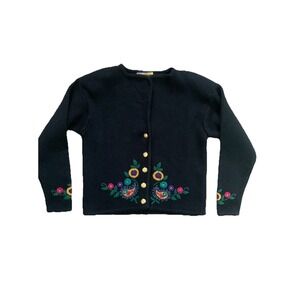 Vtg Bryn Connelly Cardigan Sweater Sz S Embroidered Floral Black Colorful Button